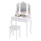 Costway Coiffeuse avec Miroir Tri-Pliant et Lumières LED 4 Tiroirs Étagère Ouverte Blanc/Noir