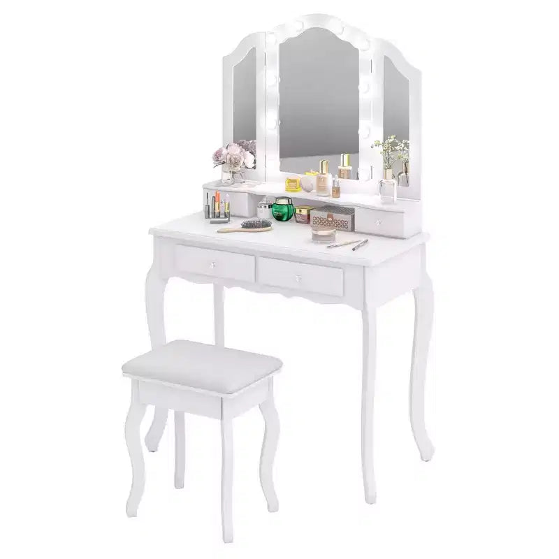 Costway Coiffeuse avec Miroir Tri-Pliant et Lumières LED 4 Tiroirs Étagère Ouverte Blanc/Noir