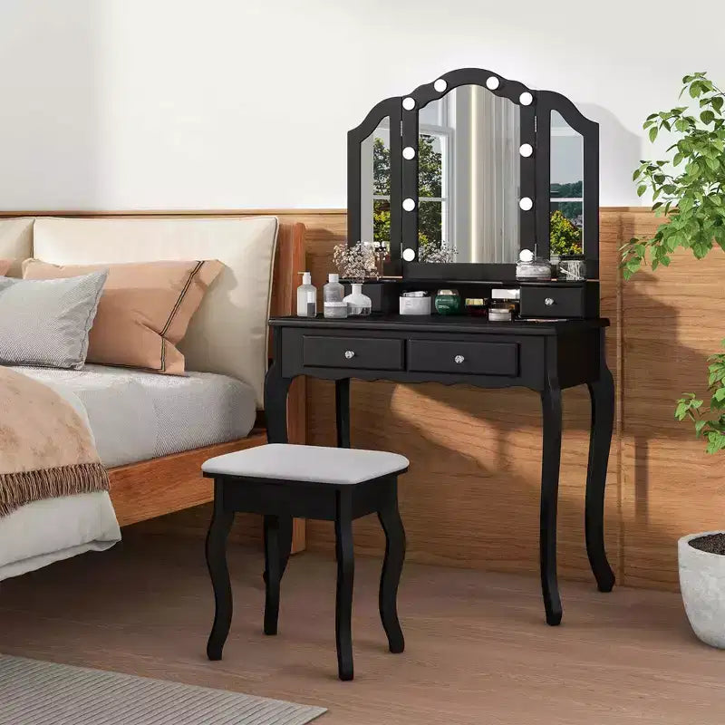 Costway Coiffeuse avec Miroir Tri-Pliant et Lumières LED 4 Tiroirs Étagère Ouverte Blanc/Noir