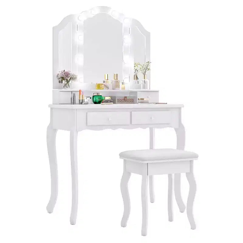 Costway Coiffeuse avec Miroir Tri-Pliant et Lumières LED 4 Tiroirs Étagère Ouverte Blanc/Noir