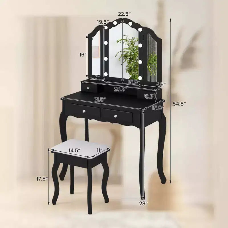 Costway Coiffeuse avec Miroir Tri-Pliant et Lumières LED 4 Tiroirs Étagère Ouverte Blanc/Noir