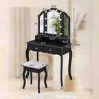 Costway Coiffeuse avec Miroir Tri-Pliant et Lumières LED 4 Tiroirs Étagère Ouverte Blanc/Noir