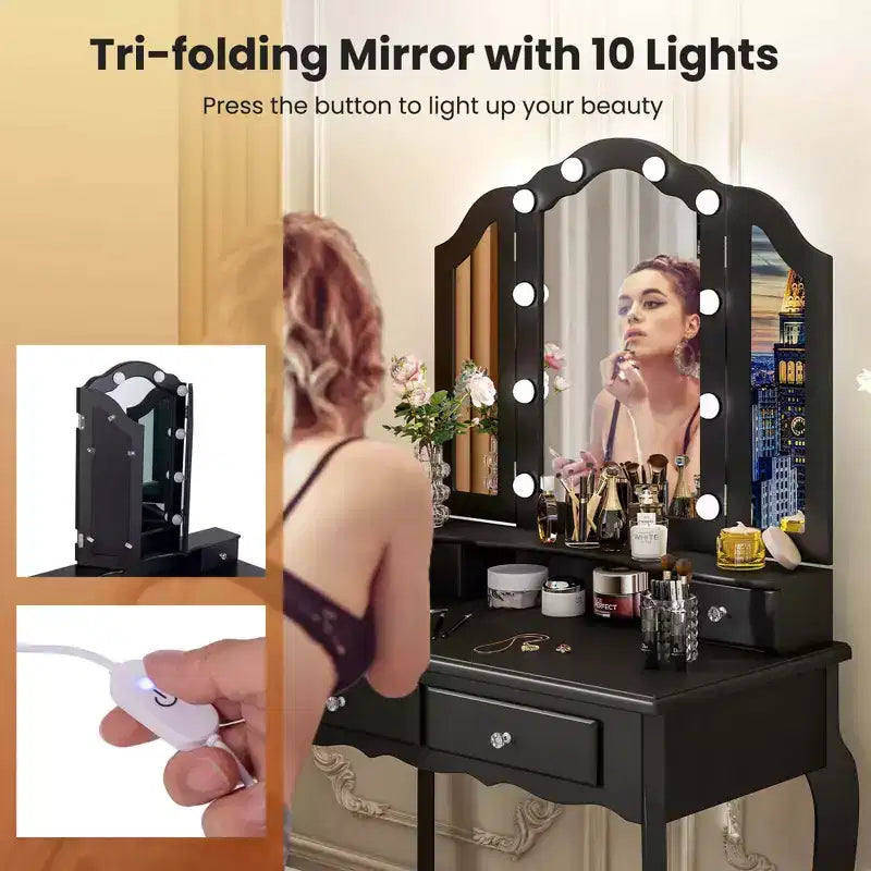Costway Coiffeuse avec Miroir Tri-Pliant et Lumières LED 4 Tiroirs Étagère Ouverte Blanc/Noir