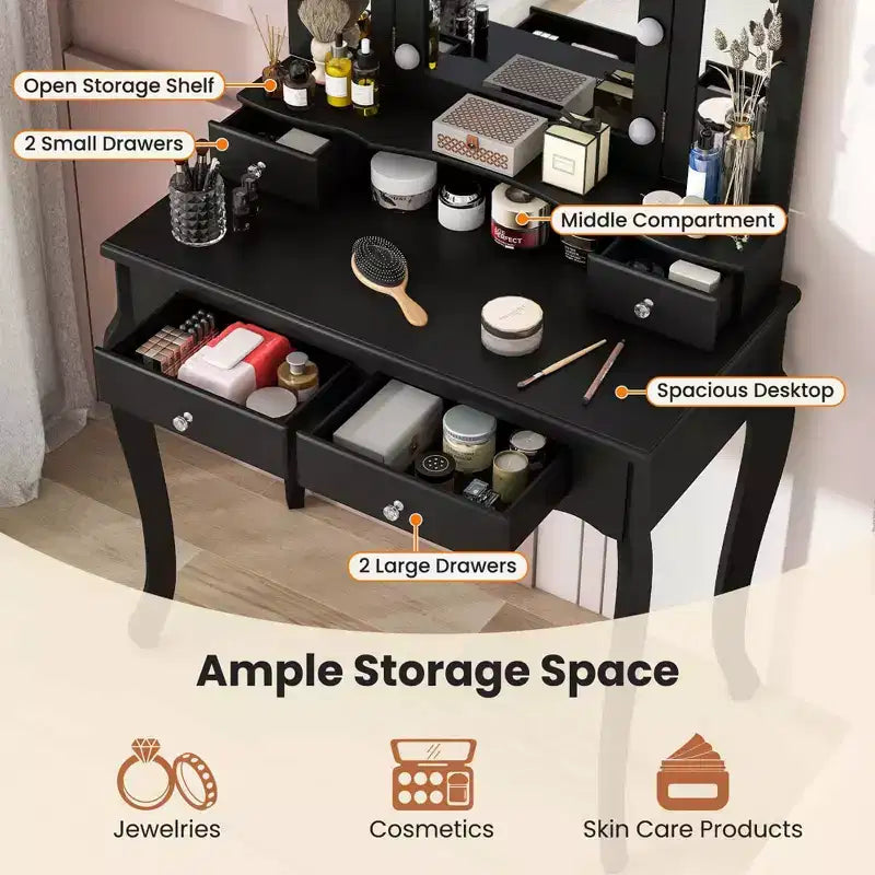 Costway Coiffeuse avec Miroir Tri-Pliant et Lumières LED 4 Tiroirs Étagère Ouverte Blanc/Noir