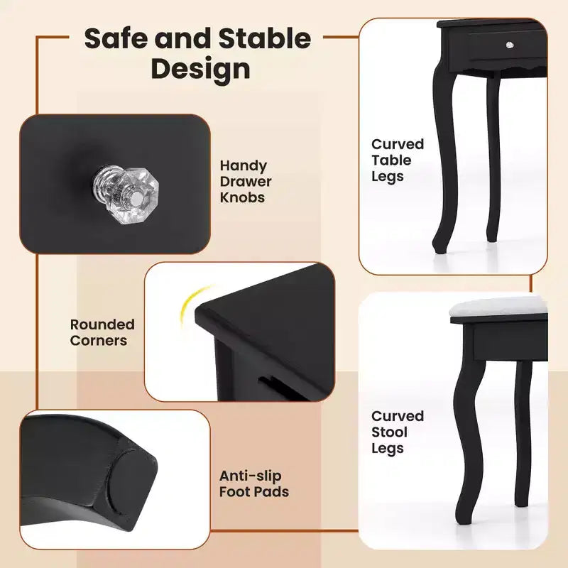 Costway Coiffeuse avec Miroir Tri-Pliant et Lumières LED 4 Tiroirs Étagère Ouverte Blanc/Noir