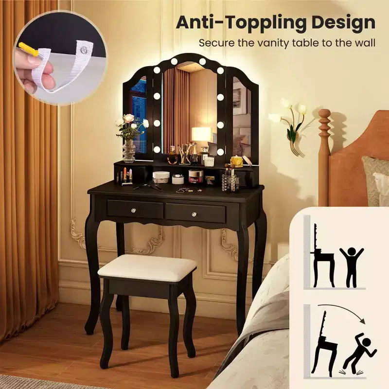 Costway Coiffeuse avec Miroir Tri-Pliant et Lumières LED 4 Tiroirs Étagère Ouverte Blanc/Noir