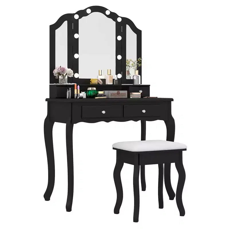 Costway Coiffeuse avec Miroir Tri-Pliant et Lumières LED 4 Tiroirs Étagère Ouverte Blanc/Noir