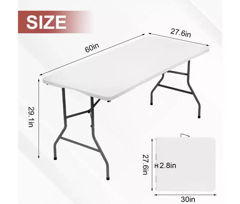 Table pliante portable de 1,5 m en plastique PEHD, utilisable en intérieur et extérieur, se plie en deux, pour 6 à 8 personnes, blanche