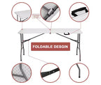 Table pliante portable de 1,5 m en plastique PEHD, utilisable en intérieur et extérieur, se plie en deux, pour 6 à 8 personnes, blanche