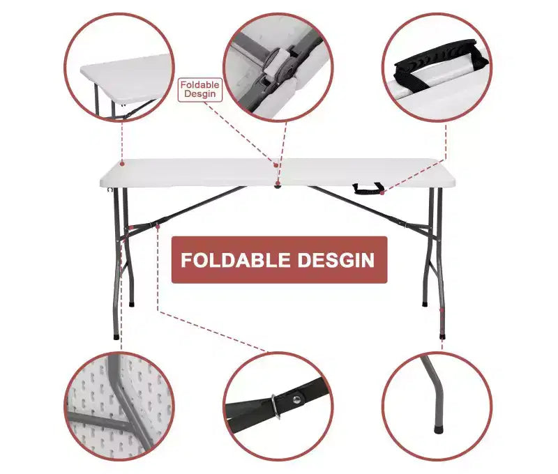 Table pliante portable de 1,5 m en plastique PEHD, utilisable en intérieur et extérieur, se plie en deux, pour 6 à 8 personnes, blanche