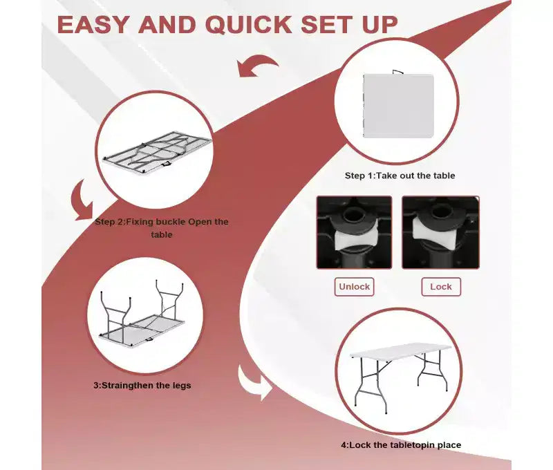 Table pliante portable de 1,5 m en plastique PEHD, utilisable en intérieur et extérieur, se plie en deux, pour 6 à 8 personnes, blanche
