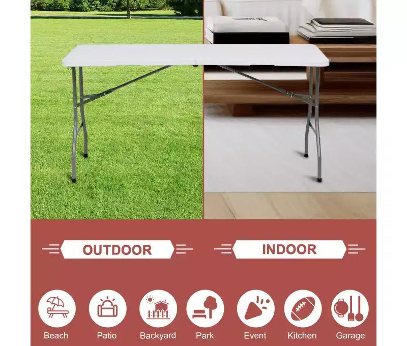 Table pliante portable de 1,5 m en plastique PEHD, utilisable en intérieur et extérieur, se plie en deux, pour 6 à 8 personnes, blanche