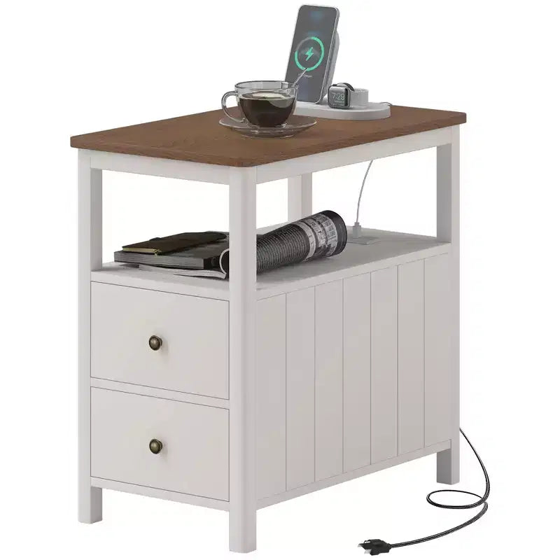Table d'appoint étroite HOMCOM avec station de charge et ports USB pour salon, table d'appoint moderne avec tiroirs, étagère
