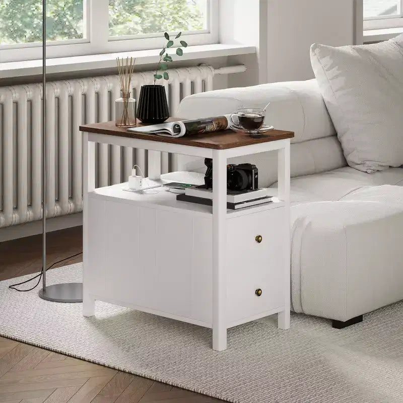 Table d'appoint étroite HOMCOM avec station de charge et ports USB pour salon, table d'appoint moderne avec tiroirs, étagère