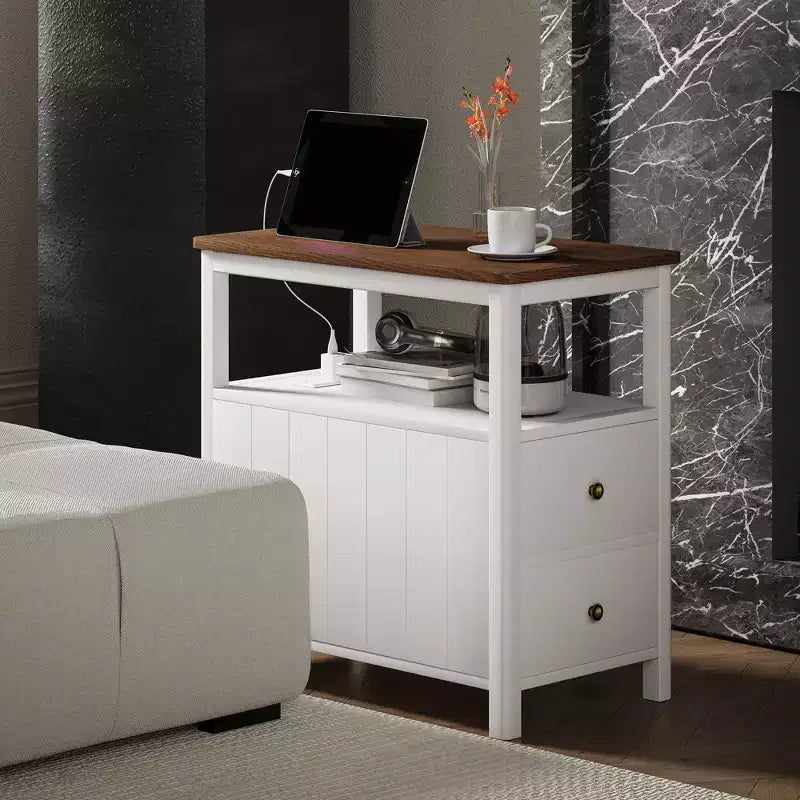 Table d'appoint étroite HOMCOM avec station de charge et ports USB pour salon, table d'appoint moderne avec tiroirs, étagère