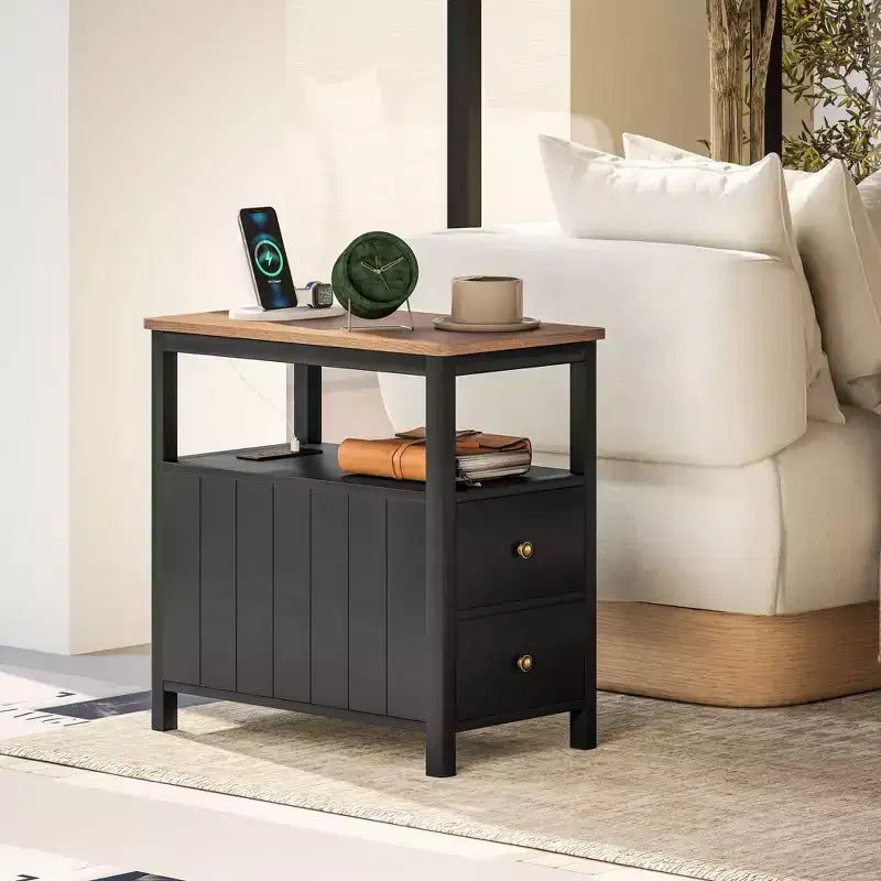 Table d'appoint étroite HOMCOM avec station de charge et ports USB pour salon, table d'appoint moderne avec tiroirs, étagère