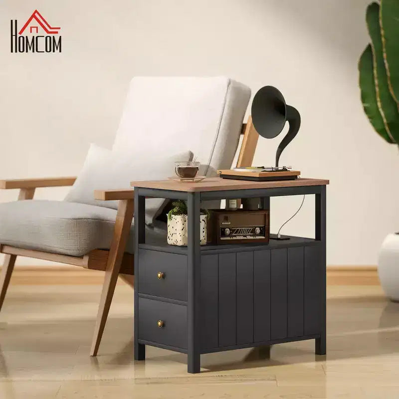 Table d'appoint étroite HOMCOM avec station de charge et ports USB pour salon, table d'appoint moderne avec tiroirs, étagère