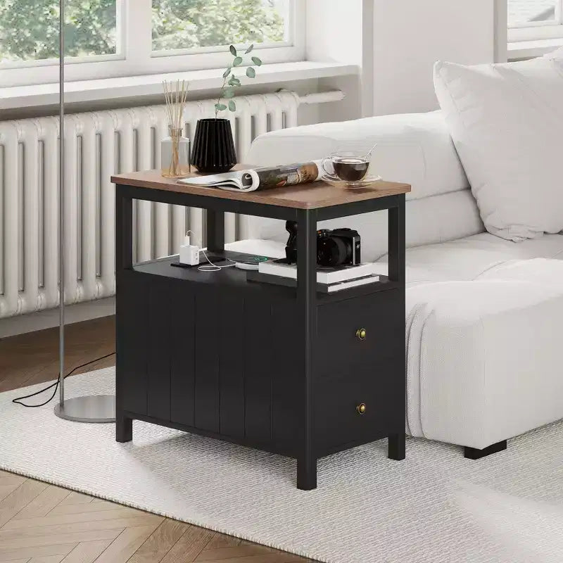 Table d'appoint étroite HOMCOM avec station de charge et ports USB pour salon, table d'appoint moderne avec tiroirs, étagère