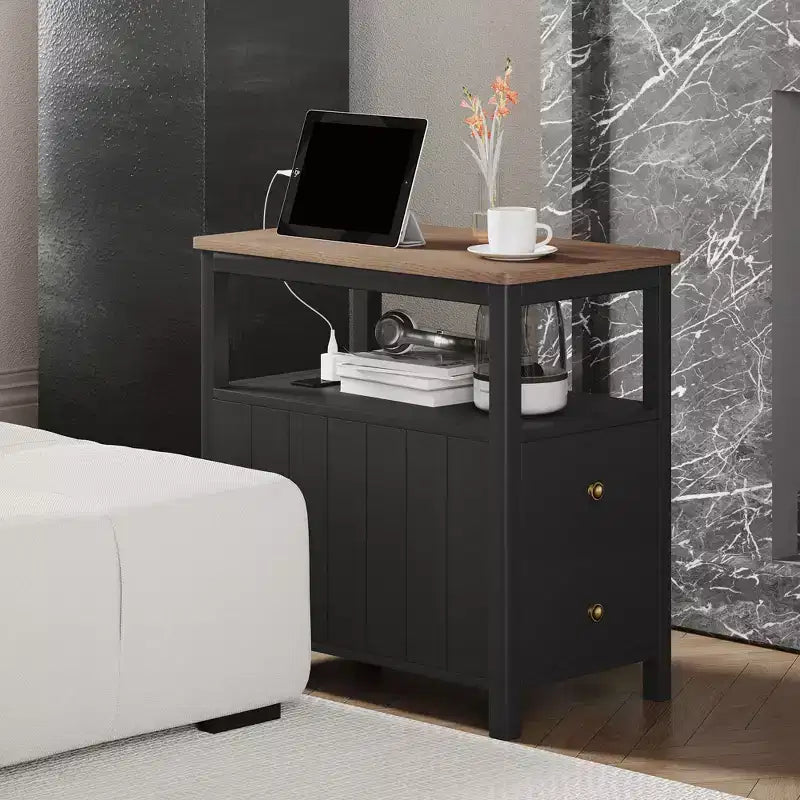 Table d'appoint étroite HOMCOM avec station de charge et ports USB pour salon, table d'appoint moderne avec tiroirs, étagère