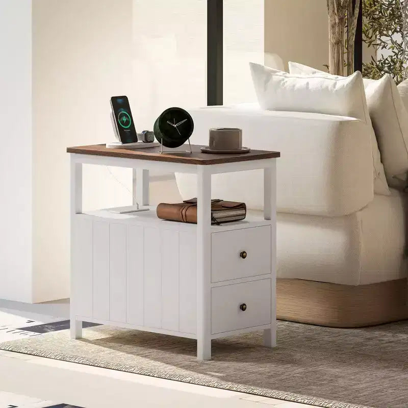Table d'appoint étroite HOMCOM avec station de charge et ports USB pour salon, table d'appoint moderne avec tiroirs, étagère