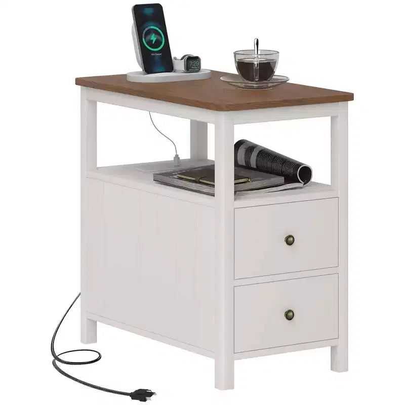 Table d'appoint étroite HOMCOM avec station de charge et ports USB pour salon, table d'appoint moderne avec tiroirs, étagère