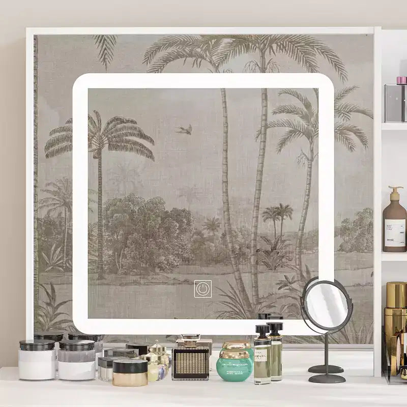 Ensemble coiffeuse blanche Famapy avec tabouret, miroir de maquillage éclairé et station de recharge, organisateur de coiffeuse