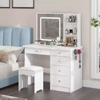 Ensemble coiffeuse blanche Famapy avec tabouret, miroir de maquillage éclairé et station de recharge, organisateur de coiffeuse
