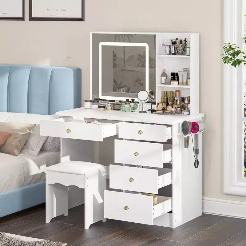 Ensemble coiffeuse blanche Famapy avec tabouret, miroir de maquillage éclairé et station de recharge, organisateur de coiffeuse