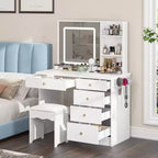 Ensemble coiffeuse blanche Famapy avec tabouret, miroir de maquillage éclairé et station de recharge, organisateur de coiffeuse