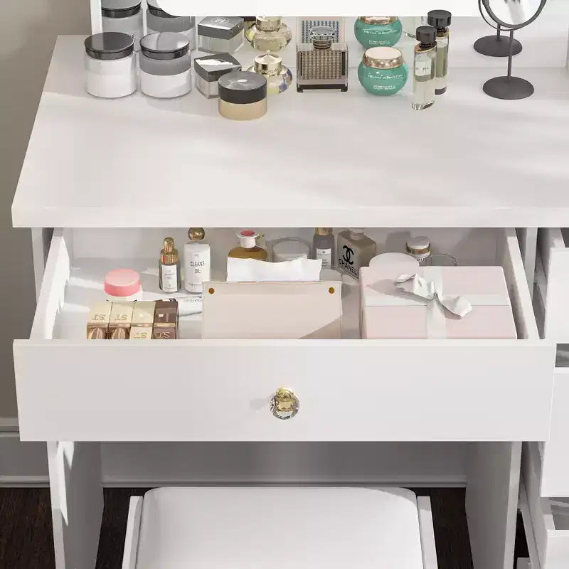 Ensemble coiffeuse blanche Famapy avec tabouret, miroir de maquillage éclairé et station de recharge, organisateur de coiffeuse