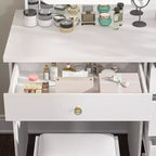 Ensemble coiffeuse blanche Famapy avec tabouret, miroir de maquillage éclairé et station de recharge, organisateur de coiffeuse