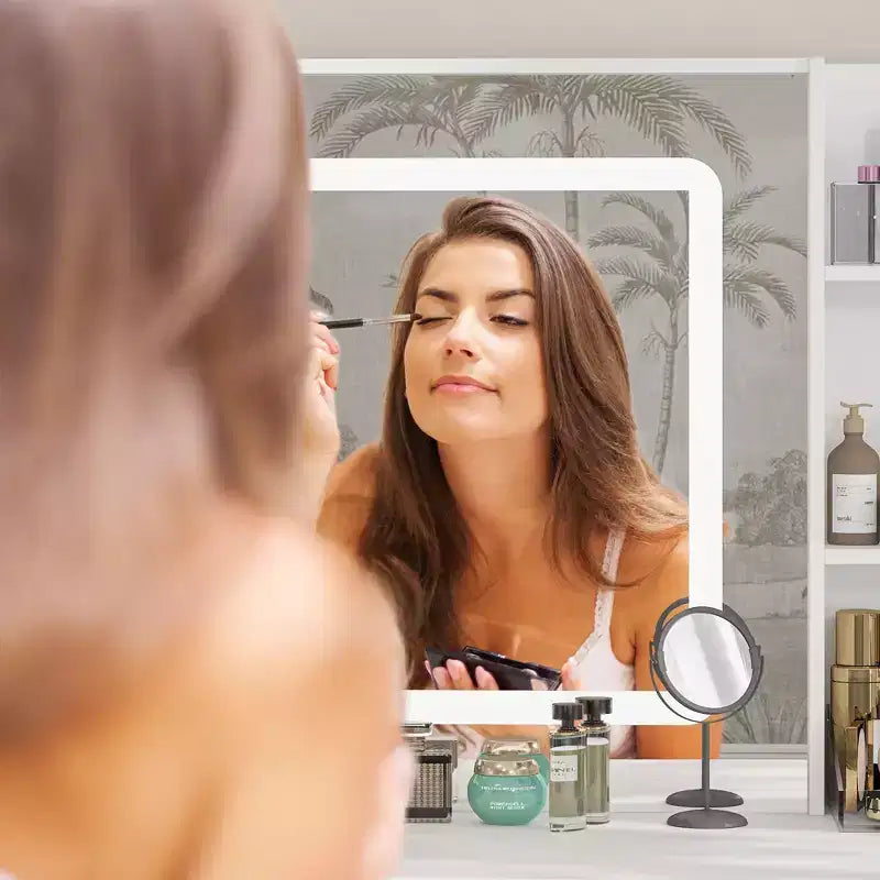 Ensemble coiffeuse blanche Famapy avec tabouret, miroir de maquillage éclairé et station de recharge, organisateur de coiffeuse