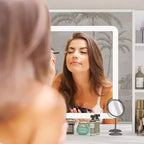 Ensemble coiffeuse blanche Famapy avec tabouret, miroir de maquillage éclairé et station de recharge, organisateur de coiffeuse