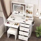 Ensemble coiffeuse blanche Famapy avec tabouret, miroir de maquillage éclairé et station de recharge, organisateur de coiffeuse