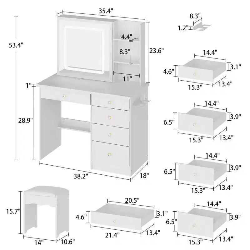 Ensemble coiffeuse blanche Famapy avec tabouret, miroir de maquillage éclairé et station de recharge, organisateur de coiffeuse