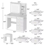 Ensemble coiffeuse blanche Famapy avec tabouret, miroir de maquillage éclairé et station de recharge, organisateur de coiffeuse