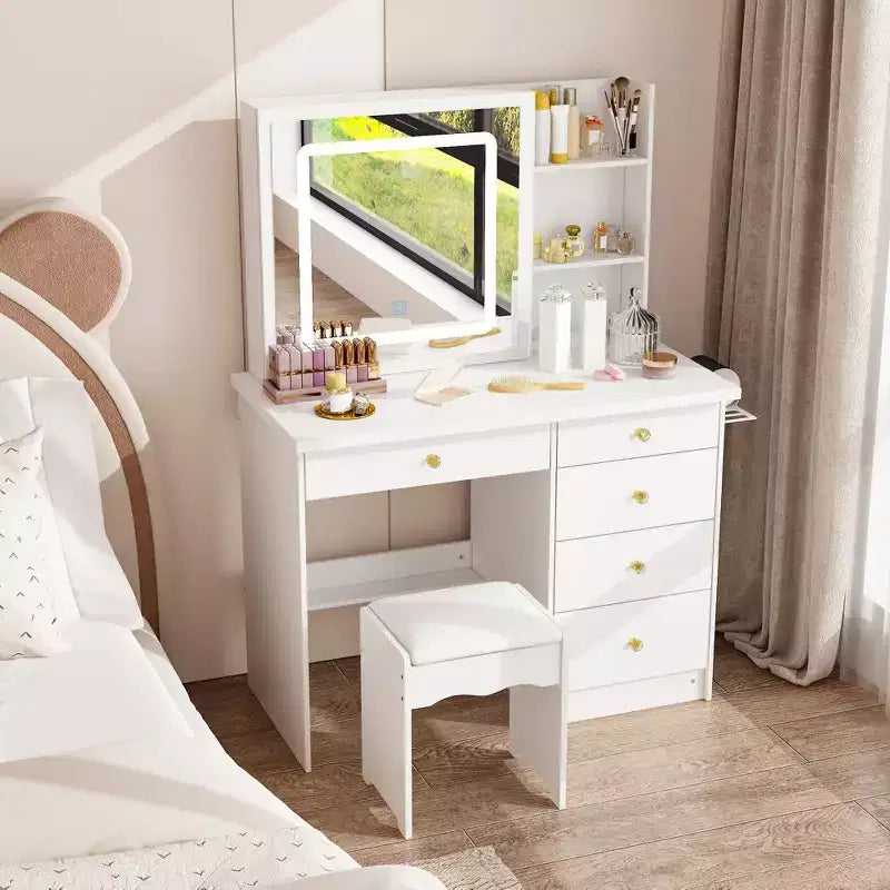 Ensemble coiffeuse blanche Famapy avec tabouret, miroir de maquillage éclairé et station de recharge, organisateur de coiffeuse