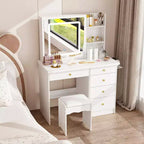 Ensemble coiffeuse blanche Famapy avec tabouret, miroir de maquillage éclairé et station de recharge, organisateur de coiffeuse