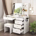 Ensemble coiffeuse blanche Famapy avec tabouret, miroir de maquillage éclairé et station de recharge, organisateur de coiffeuse
