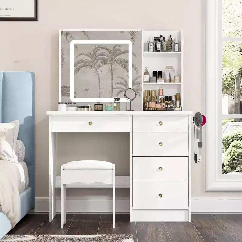 Ensemble coiffeuse blanche Famapy avec tabouret, miroir de maquillage éclairé et station de recharge, organisateur de coiffeuse