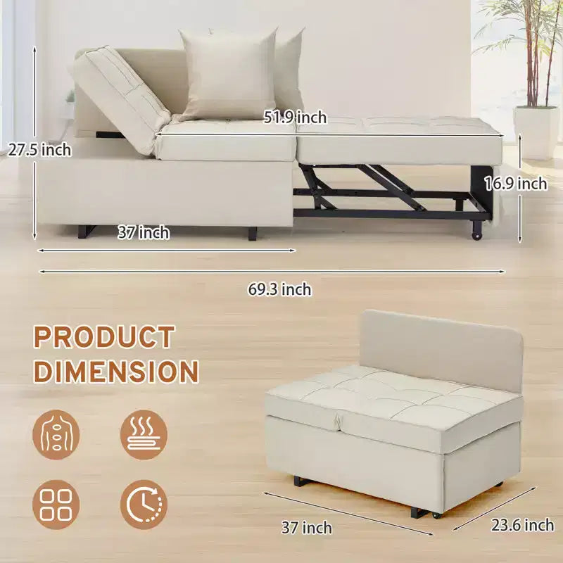 Fauteuil de lit de repos 3-en-1 Erommy, canapé-lit escamotable avec dossier réglable sur 5 positions et tissu en faux lin