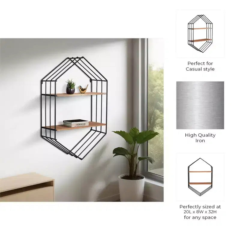 Étagère murale hexagonale en métal et bois pour la décoration intérieure - Rangement mural minimaliste pour salon, chambre ou bureau - 32, marron et noir