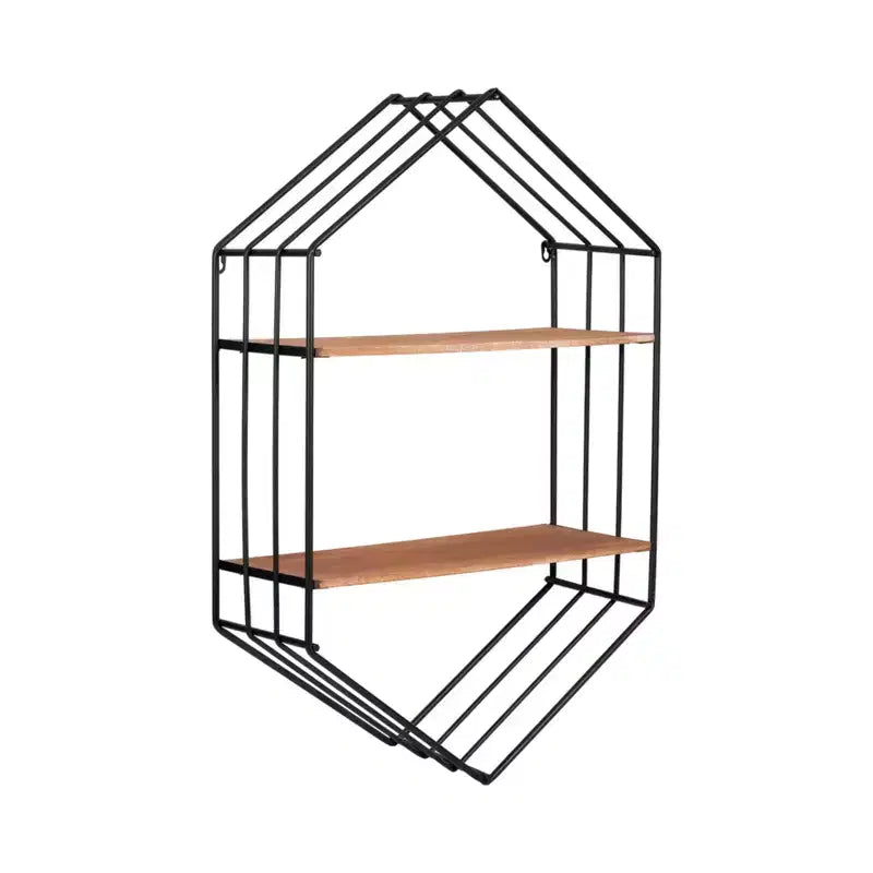 Étagère murale hexagonale en métal et bois pour la décoration intérieure - Rangement mural minimaliste pour salon, chambre ou bureau - 32, marron et noir