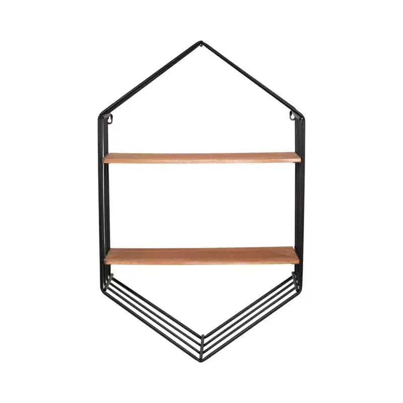 Étagère murale hexagonale en métal et bois pour la décoration intérieure - Rangement mural minimaliste pour salon, chambre ou bureau - 32, marron et noir