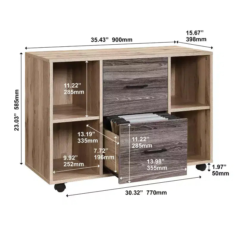 Meuble de classement AndMakers à 3 tiroirs de 99 cm de large pour bureau à domicile, classeur latéral mobile, support d'imprimante avec étagères de rangement ouvertes