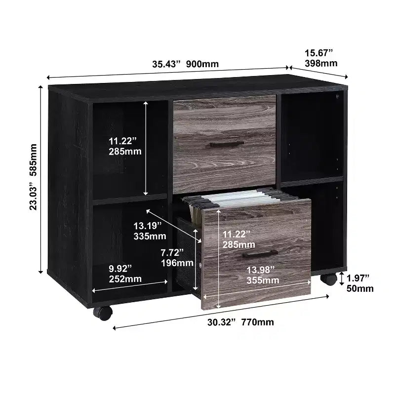Meuble de classement AndMakers à 3 tiroirs de 99 cm de large pour bureau à domicile, classeur latéral mobile, support d'imprimante avec étagères de rangement ouvertes