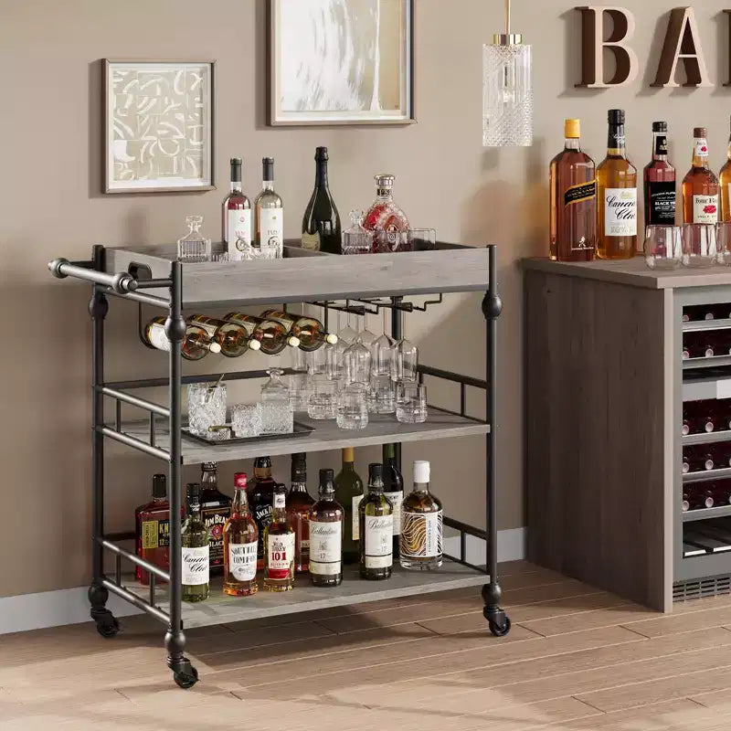 Chariot de bar, chariots de bar pour la maison, chariot de service à 3 niveaux avec roulettes, chariot en métal avec porte-bouteilles et plateau amovible pour cuisine, salle à manger
