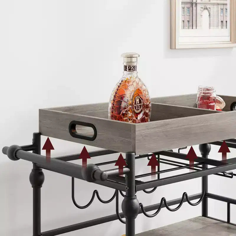 Chariot de bar, chariots de bar pour la maison, chariot de service à 3 niveaux avec roulettes, chariot en métal avec porte-bouteilles et plateau amovible pour cuisine, salle à manger