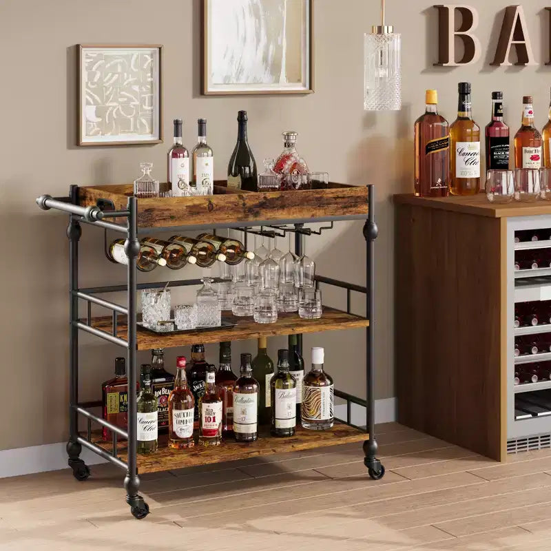 Chariot de bar, chariots de bar pour la maison, chariot de service à 3 niveaux avec roulettes, chariot en métal avec porte-bouteilles et plateau amovible pour cuisine, salle à manger