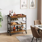 Chariot de bar, chariots de bar pour la maison, chariot de service à 3 niveaux avec roulettes, chariot en métal avec porte-bouteilles et plateau amovible pour cuisine, salle à manger